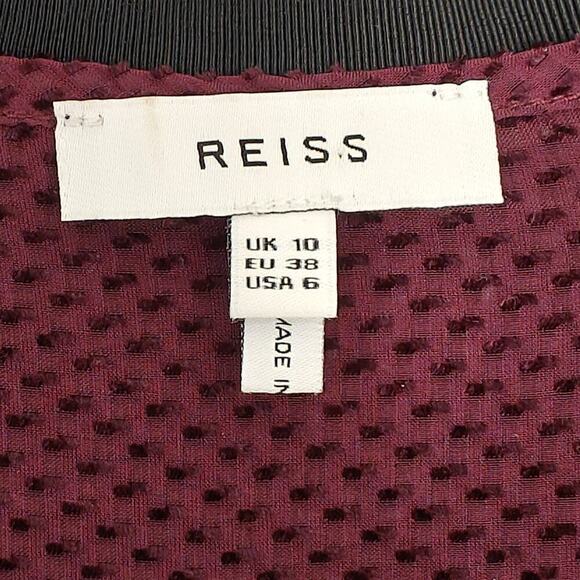 Reiss Swiss Dot Ruffle V-Neck Top Size 6 Berry Silk Blend Tie Neck Long Sleeves - Picture 4 of 9